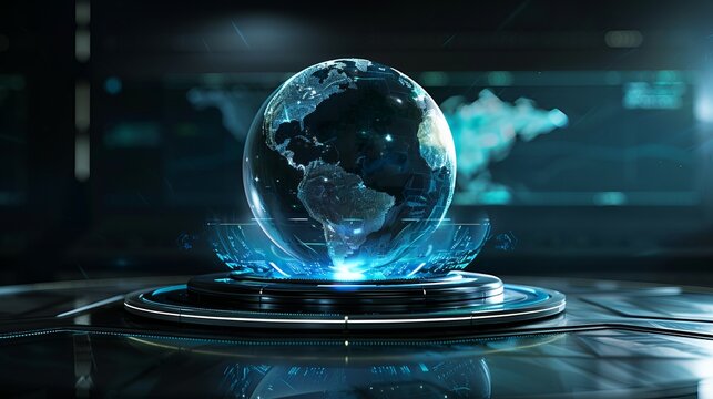 Rotating glass globe on digital display highlighting global market data and trade connections - Powered by Adobe