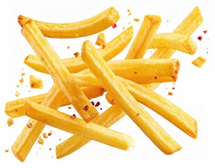 Golden, crispy fried potato sticks, slightly seasoned, on a white background