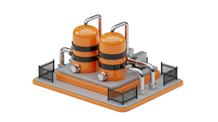 Cartoon Industrial Plant with Orange Tanks and Pipes