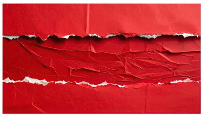Torn bright red paper reveals crinkled texture and white space