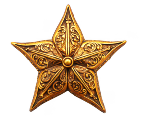 Elaborate five pointed golden star with engraved detailing shines on transparent background