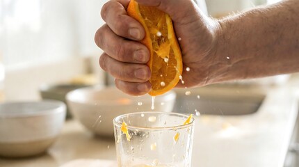 Man hand squeezing fresh orange juice into a glass. Healthy drink preparation for natural nutrition and refreshing breakfast.