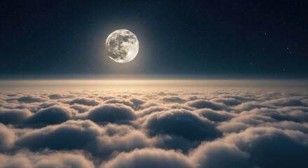 Vast clouds blanket the night, a full moon above