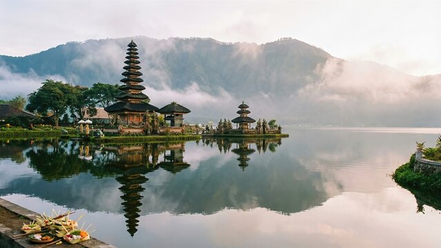Pura ulun danu beratan water temple and offerings on a misty morning in bali. Spiritual travel destination and cultural landmark.