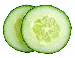 Two fresh cucumber slices, green and white, isolated on white