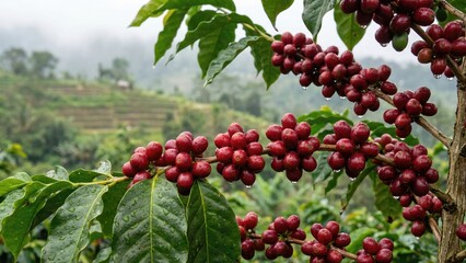 Fototapeta premium Red coffee beans with water droplets on a branch in a coffee plantation. Fresh harvest of ripe arabica coffee on a rural farm in Bali. Agriculture concept.