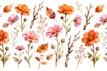 Obraz premium Watercolor Autumn Flowers and Branches Pattern