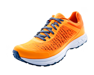 Orange shoe with blue laces presents sporty style on transparent background