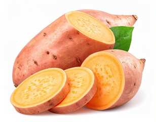 Orange-fleshed sweet potatoes, some sliced, with green leaf, isolated