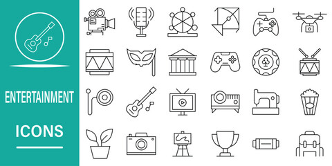Entertainment icon set in line style. Set of 24 icon as related to surfing, music, party, video, dance, game, photo and more. Vector illustration.