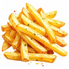 Watercolor illustration of a pile of golden-brown seasoned French fries
