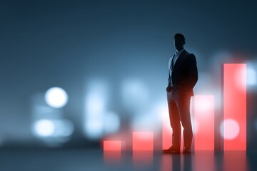 Business leader silhouette filled with growth charts and city lights, leadership and success theme
