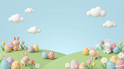 Happy Easter concept, colorful easter eggs and bunny in spring garden, 3D illustration
