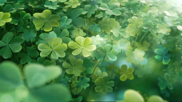 Green clover field background with lucky four leaf shamrocks for St. Patrick's Day