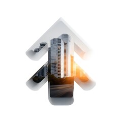 Minimal illustration double exposure showing arrows and buildings, corporate growth story, white background