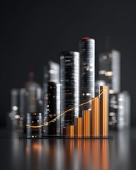 Surreal business growth visualization with floating skyscrapers and glowing metrics