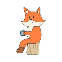 Fototapeta premium Cute Fox Character Drinking Coffee in Flat Cartoon Style