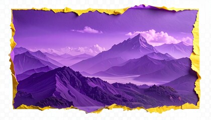Purple mountain range landscape, torn paper frame