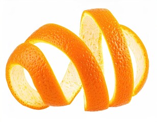 A coiled, vibrant orange peel isolated against a clean white background