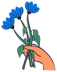 Hand holding wildflower bouguets. Floral springtime hand drawn illustration.