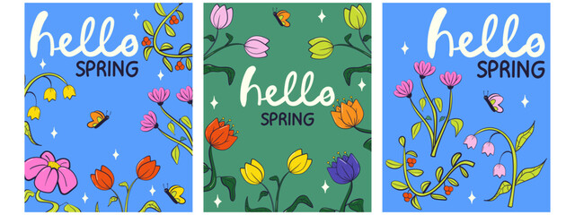 Hello spring greeting cards invitation set with bright flowers. Floral springtime hand drawn illustration.