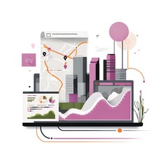 Flat illustration double exposure of city map and analytics dashboard, smart city planning concept