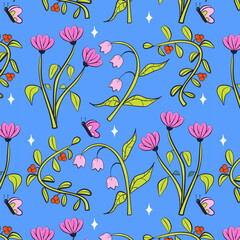 Colorful flowers seamless pattern. Spring doodle flowers. Flat vector pattern.
