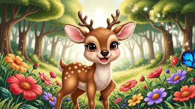 Cute Cartoon Deer with Antlers Illustration 4K 10s