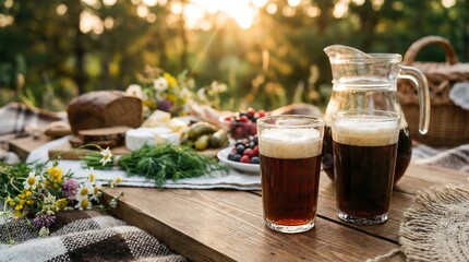Two glasses of dark refreshing drink with foam on a wooden table outdoors, with picnic food and golden sunlight in the background. Summer leisure concept.
