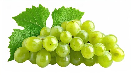 A cluster of fresh, green grapes with vibrant leaves on white background