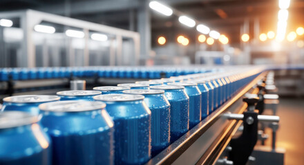 Blue aluminum cans are moving along a conveyor belt in a modern beverage production facility, showcasing industrial efficiency and automation