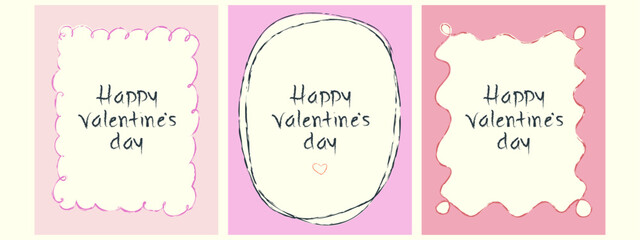 Сute Valentine&rsquo;s Day greeting cards set with doodle childish frame. Hand drawn crayon poster. Cartoon isolated vector illustration