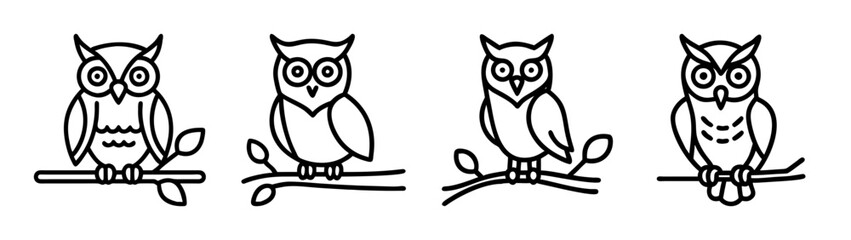 Fototapeta premium Vector illustration of four owls perched on branches black and white outline drawing clip art images