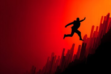 Business silhouette split between rising and falling graphs, investment risk metaphor