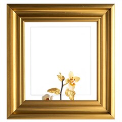 Ornate gold frame enclosing white space, a small floral spray