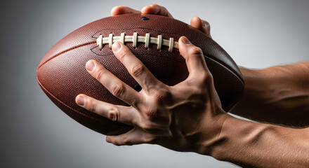 Hands gripping a football with focus and determination, showcasing athleticism and preparation for an upcoming game or practice session