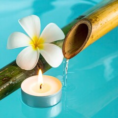 White flower, water flowing from bamboo, candle floating on blue surface