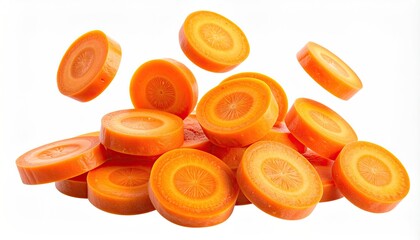 Close-up of sliced, vibrant orange root vegetable pieces, white background