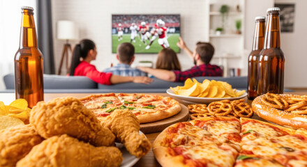 Group of friends enjoying a Super Bowl watch party with delicious snacks and drinks, creating a lively and festive atmosphere for celebration