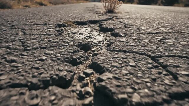 Weathered texture of a broken gray asphalt road surface featuring deep intricate cracks and grainy pavement detail, ideal for urban industrial background or highway construction concept.