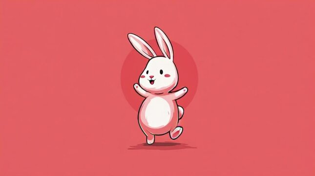 Cartoon rabbit character performing a joyful dance on a solid red background with a playful mood.