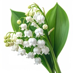 Realistic close-up of fragrant white lily of the valley flowers with leaves