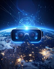 VR headset floats in space, connected by glowing lines to a globe