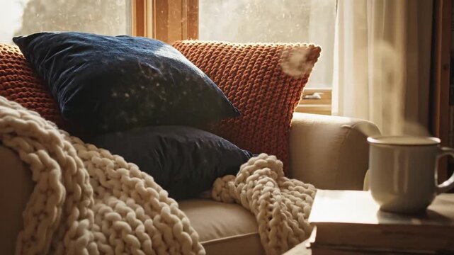 Comfortable domestic interior featuring a warm library corner, plush sapphire cushions, amber throw blanket, wooden bookshelf, and ambient lighting for a serene literature retreat.