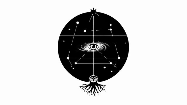 Mystical cosmic eye within celestial geometric pattern and tree roots, representing universal connection and ancient wisdom.