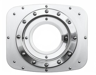 A metallic, industrial porthole with a rounded, clear window