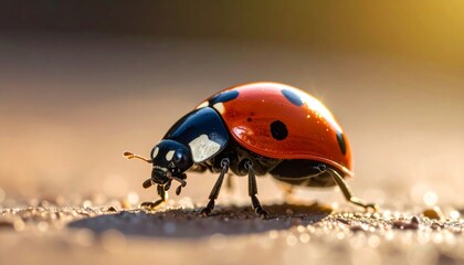 Ladybug walking on the ground with sunlight.