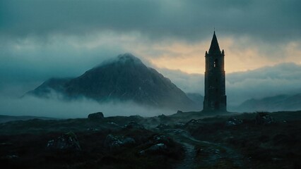 Ancient tower on a misty plain with rugged mountains in the background, conveying a mysterious and dramatic dark fantasy atmosphere for book covers.