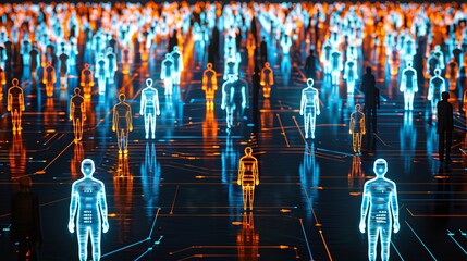 Futuristic network of glowing silhouettes connected by data flows in blue and orange colors