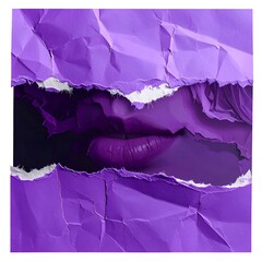 Purple lips peek through torn paper, evoking mystery and bold style